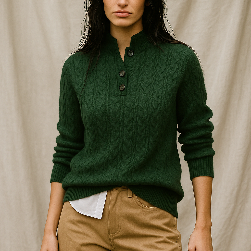 Arden | Womens Button-Up Cable Knit Sweater | Wool Cashmere Blend, Stand Collar | Olive, Khaki and More XS-2XL