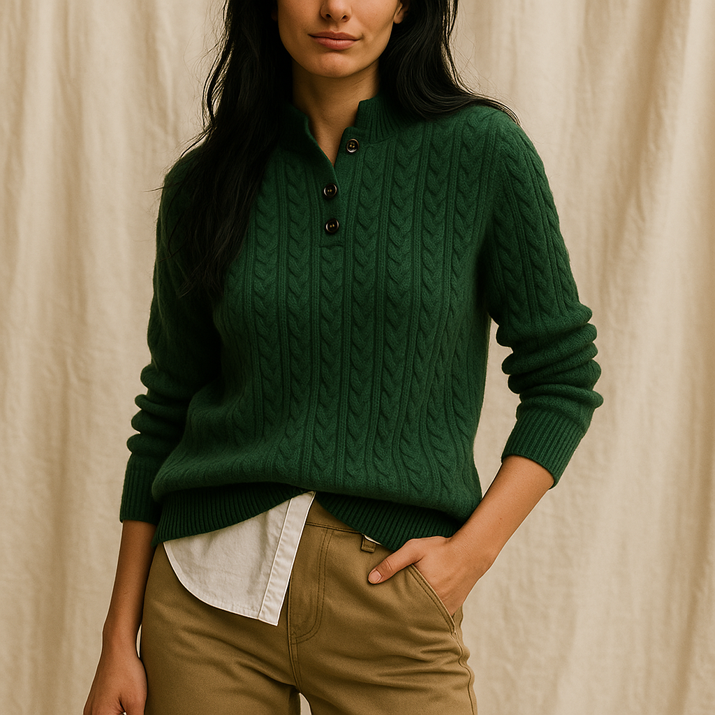 Arden | Womens Button-Up Cable Knit Sweater | Wool Cashmere Blend, Stand Collar | Olive, Khaki and More XS-2XL
