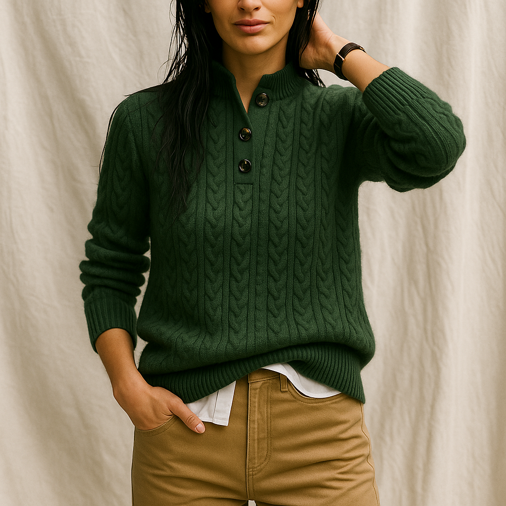 Arden | Womens Button-Up Cable Knit Sweater | Wool Cashmere Blend, Stand Collar | Olive, Khaki and More XS-2XL