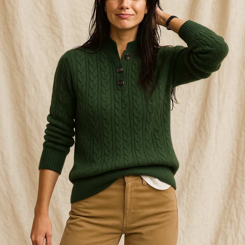Arden | Womens Button-Up Cable Knit Sweater | Wool Cashmere Blend, Stand Collar | Olive, Khaki and More XS-2XL