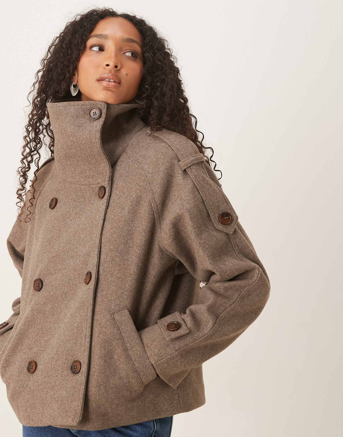 Women's Brown Funnel-Neck Button Coat, Long Sleeves