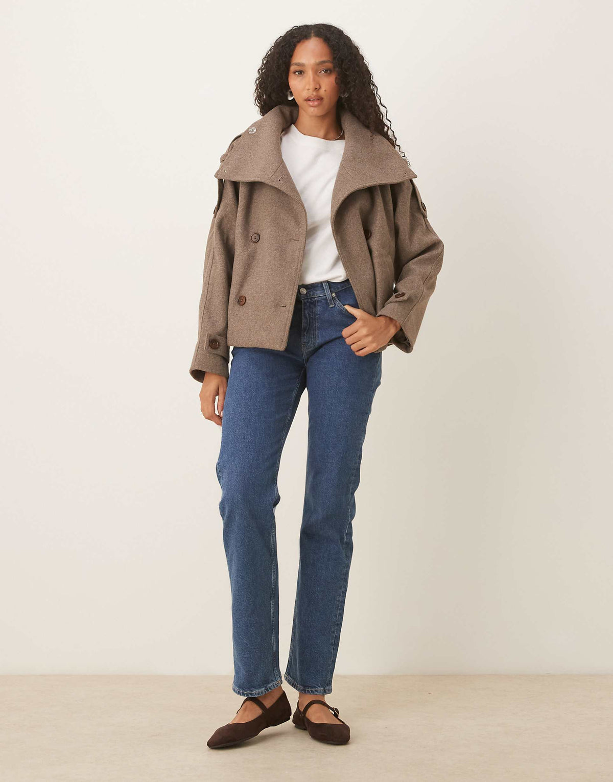 Women's Brown Funnel-Neck Button Coat, Long Sleeves