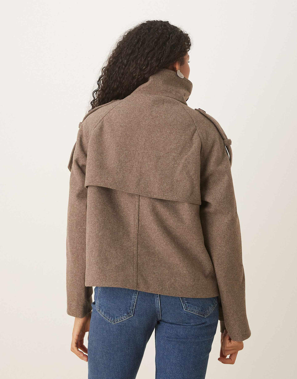 Women's Brown Funnel-Neck Button Coat, Long Sleeves