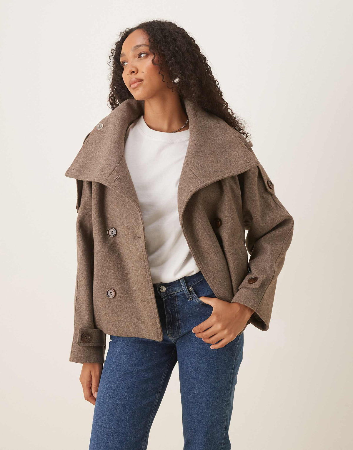 Women's Brown Funnel-Neck Button Coat, Long Sleeves