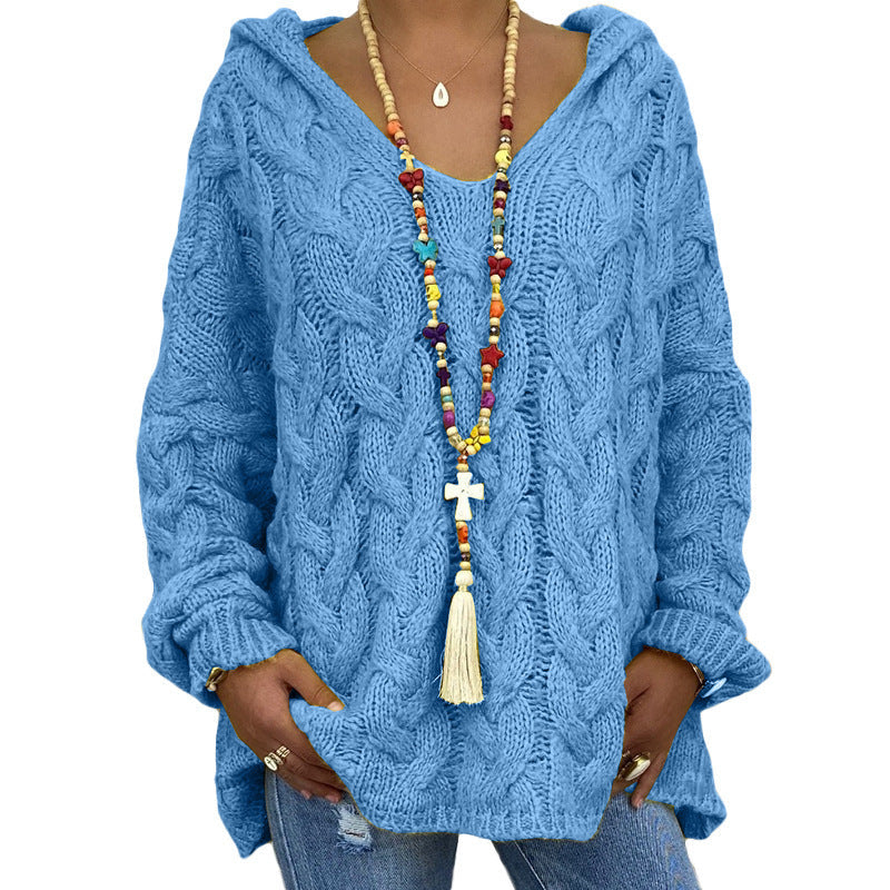 Women's Oversized Cable Knit Hooded Sweater V-Neck
