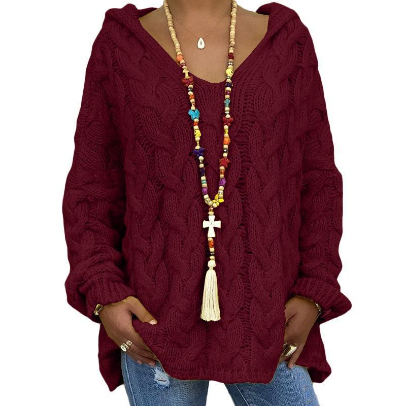 Women's Oversized Cable Knit Hooded Sweater V-Neck