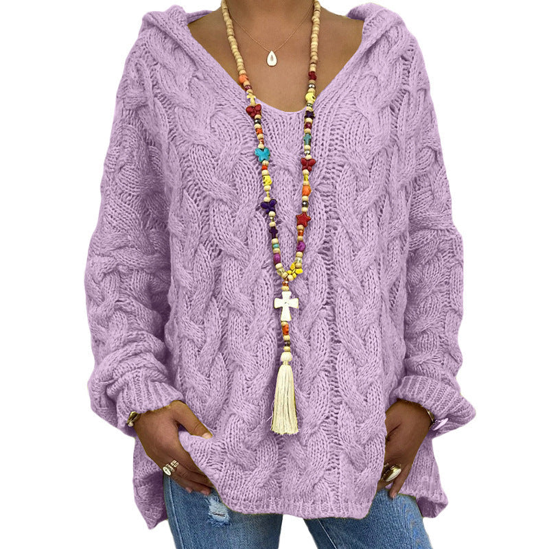 Women's Oversized Cable Knit Hooded Sweater V-Neck