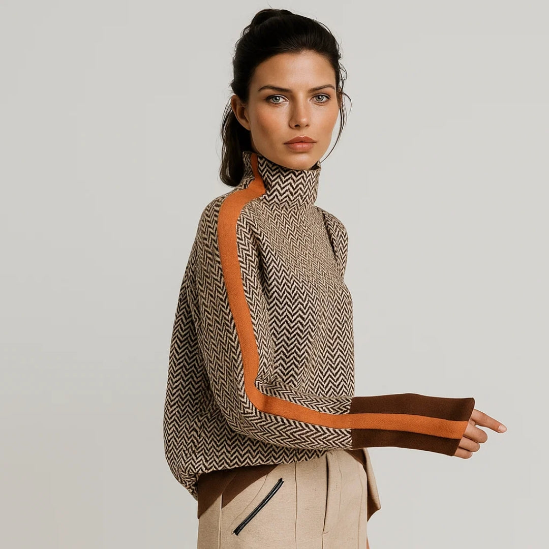 Women's Striped High Neck Pullover Sweater, Long Sleeves