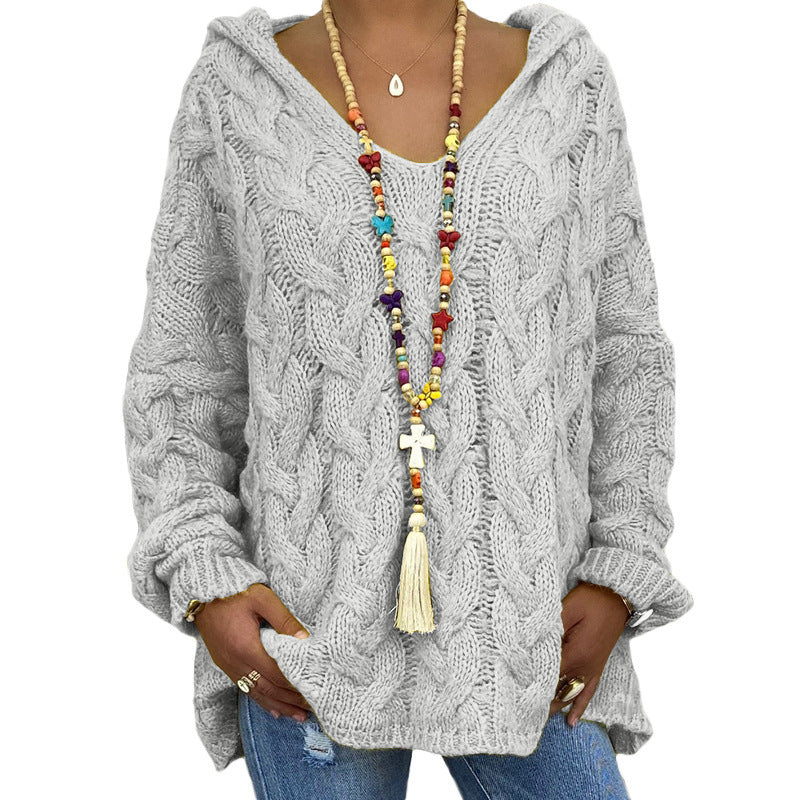 Women's Oversized Cable Knit Hooded Sweater V-Neck