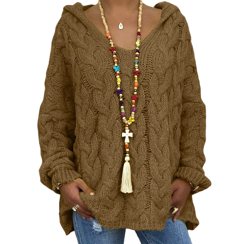Women's Oversized Cable Knit Hooded Sweater V-Neck
