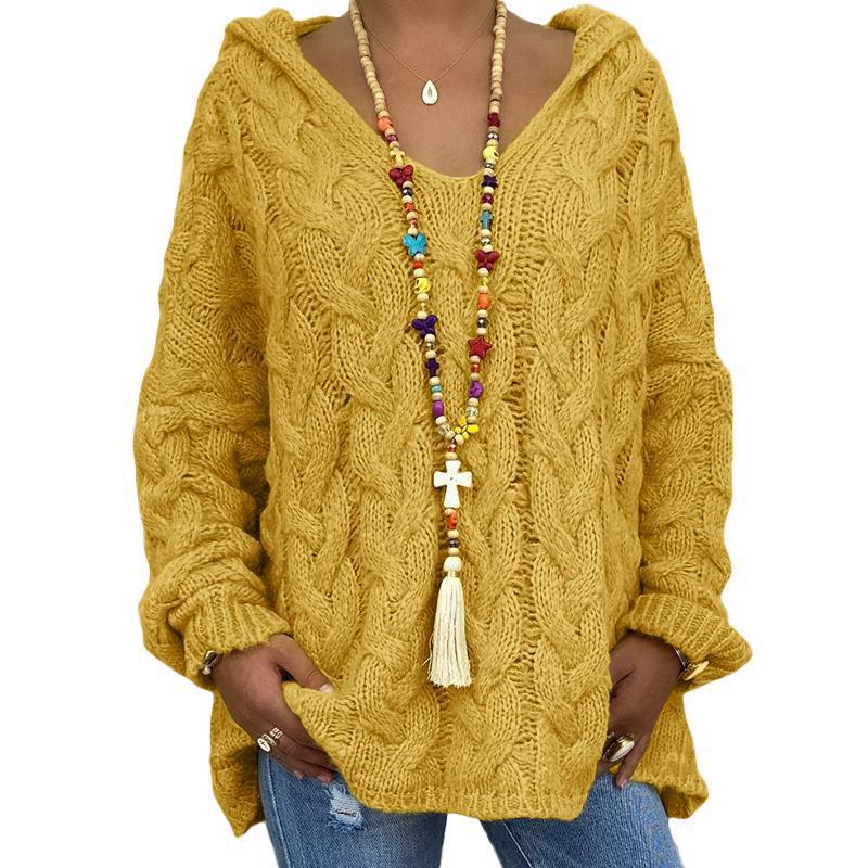 Women's Oversized Cable Knit Hooded Sweater V-Neck