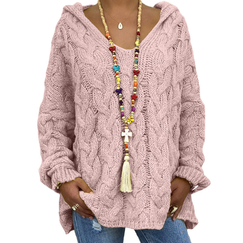 Women's Oversized Cable Knit Hooded Sweater V-Neck
