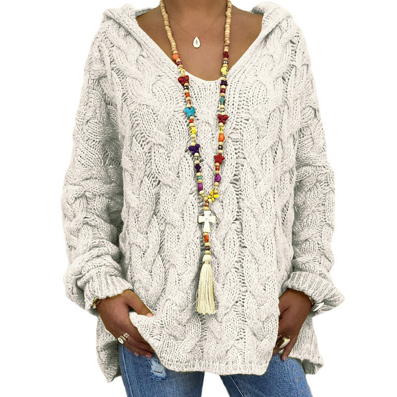 Women's Oversized Cable Knit Hooded Sweater V-Neck