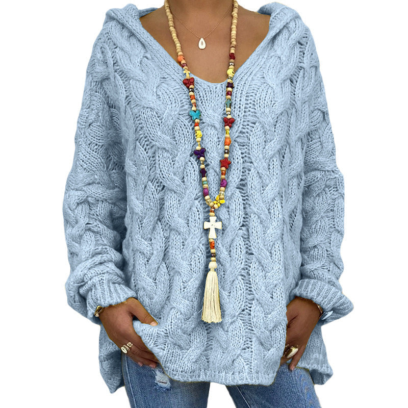 Women's Oversized Cable Knit Hooded Sweater V-Neck