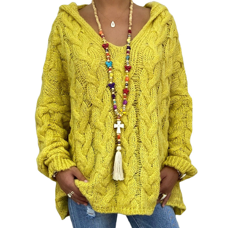 Women's Oversized Cable Knit Hooded Sweater V-Neck