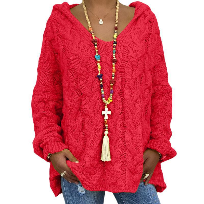 Women's Oversized Cable Knit Hooded Sweater V-Neck