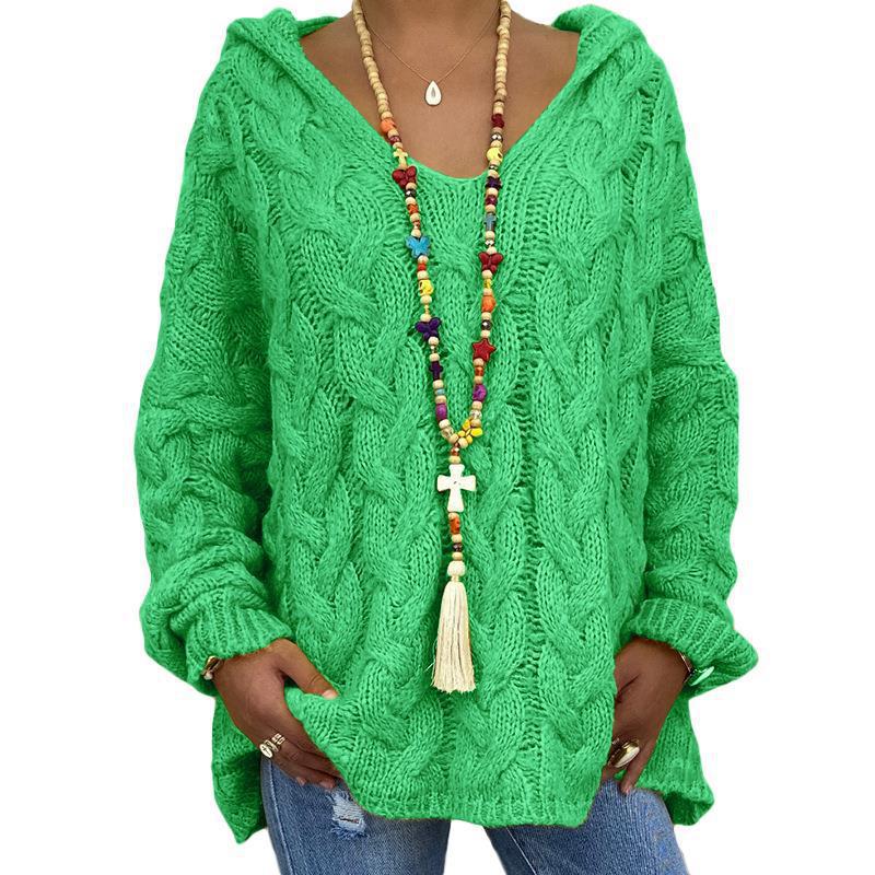 Women's Oversized Cable Knit Hooded Sweater V-Neck