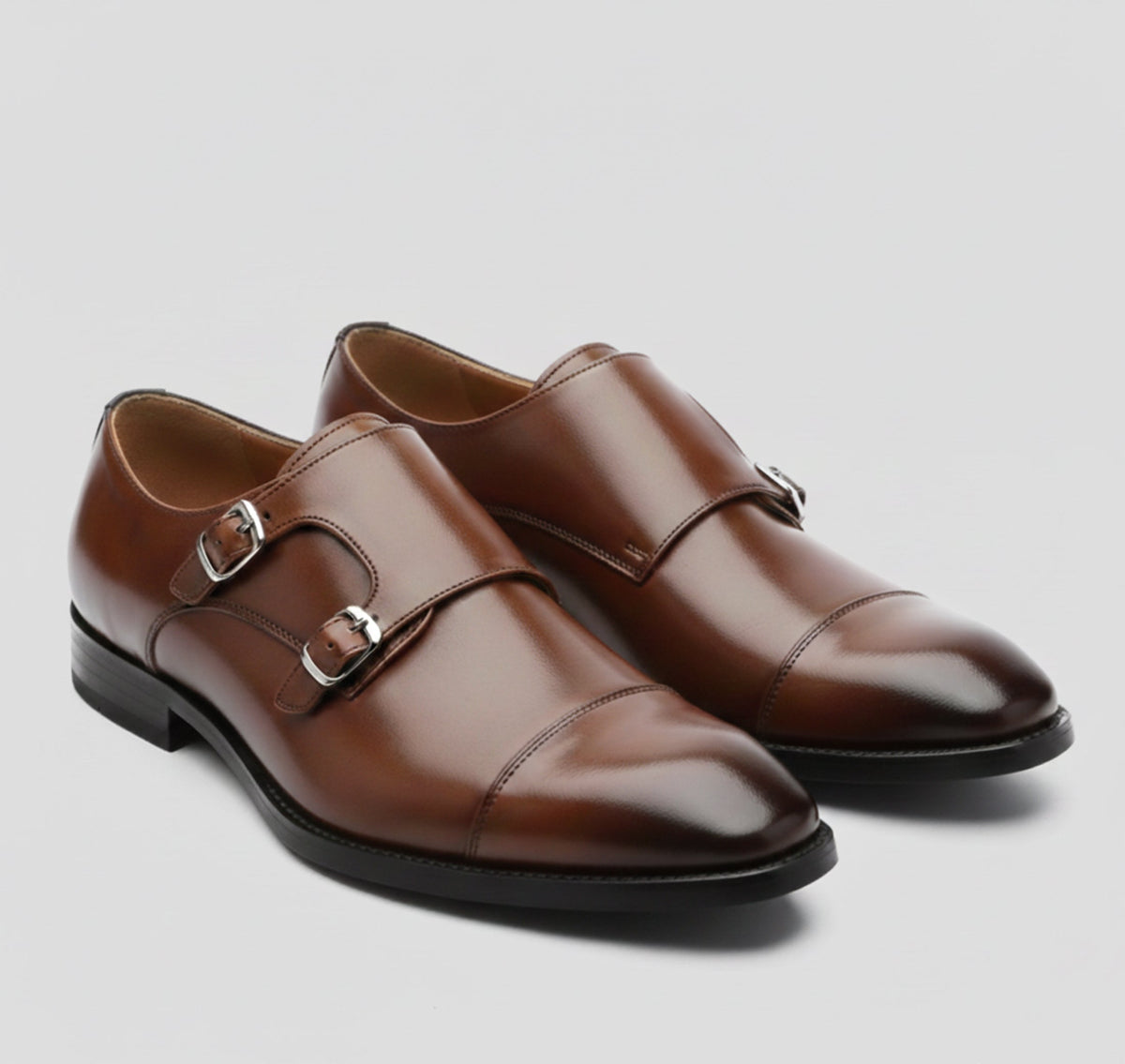 Men's Double Monk Strap Shoes, Almond Toe, Low Heel