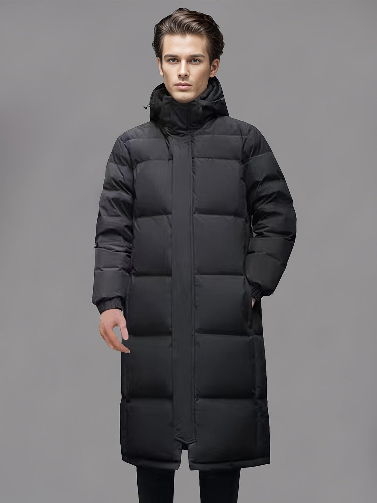 Men's Black Hooded Long Puffer Coat, Zip Front