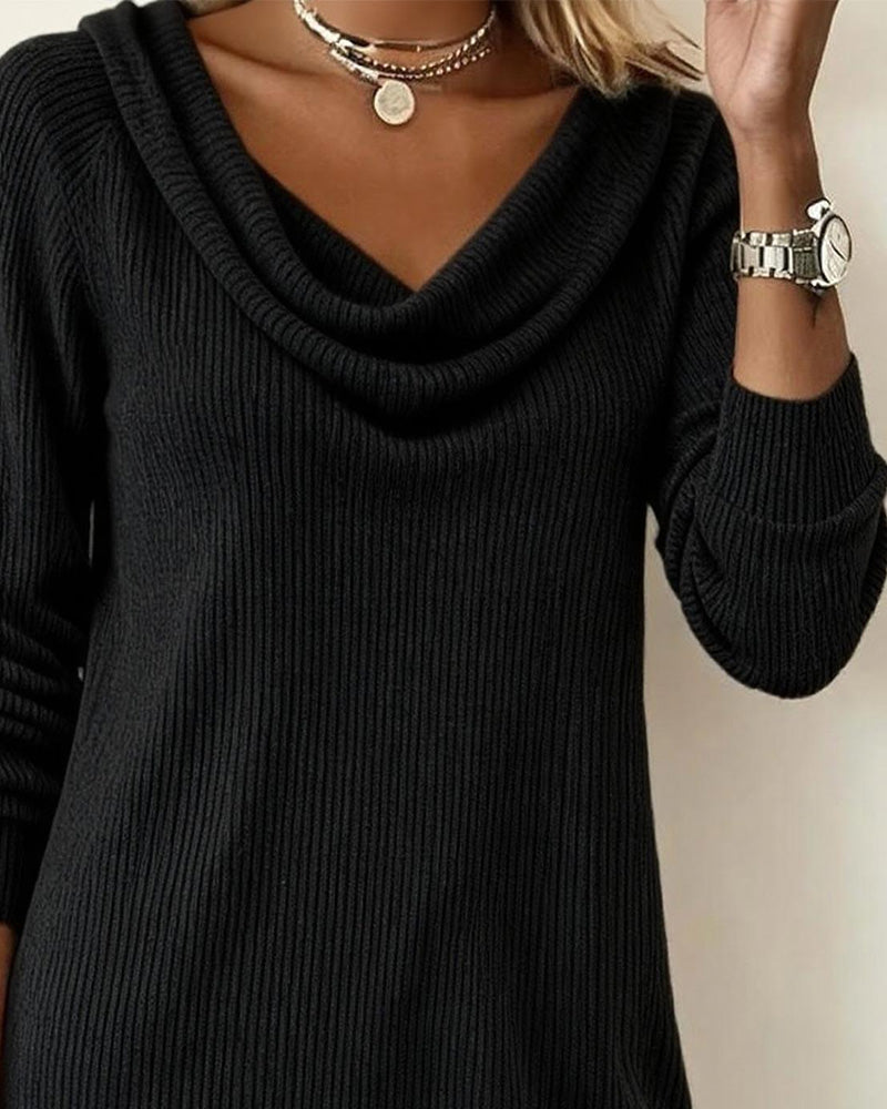 Women's Ribbed Sweater Dress with Draped Cowl Neck | Long Sleeves, Straight Cut, Above the Knee | Sizes S-2XL, 3 Colors