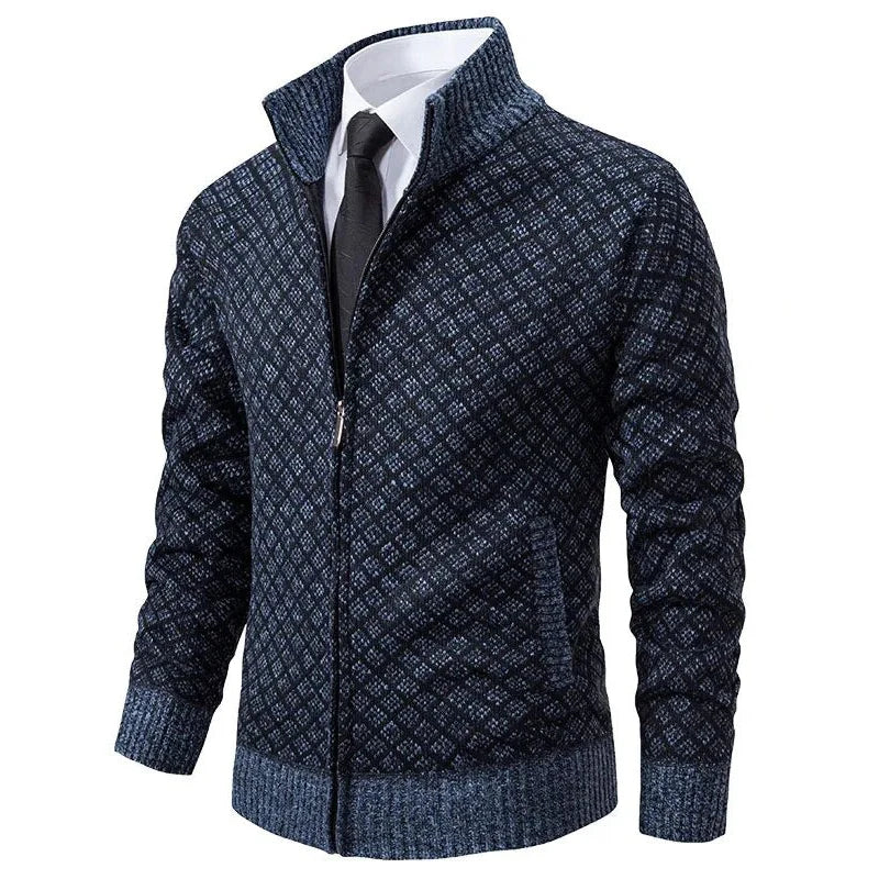 Men's Diamond Jacquard Zip Cardigan, Mock Neck, Long Sleeves