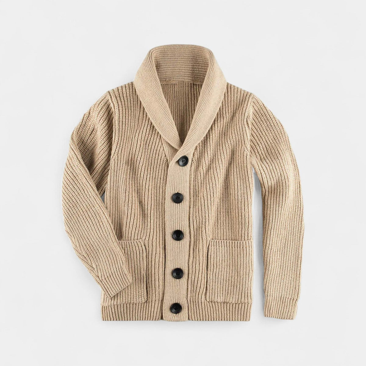 Men's Ribbed Cardigan, Shawl Collar, Button Front, Long Sleeves