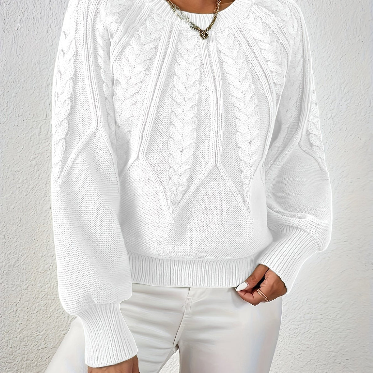 Women's Cable-Knit Pullover Sweater with Lantern Sleeves