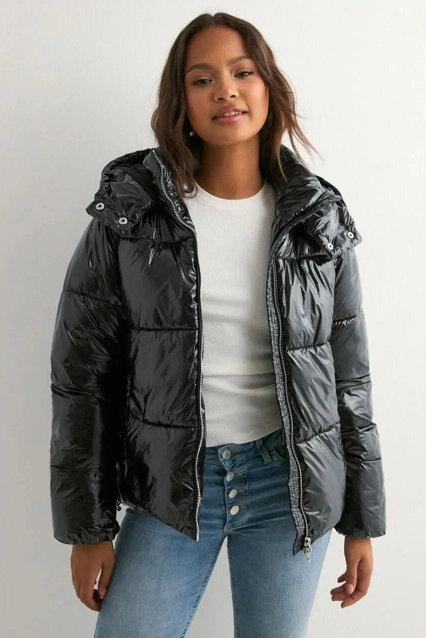 Women's Hooded Puffer Jacket, Glossy Finish, Zip Front