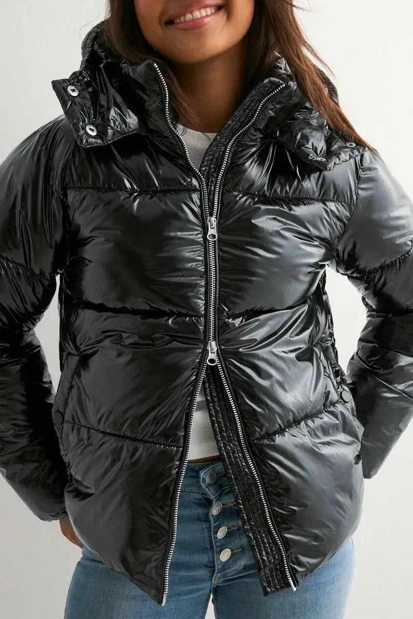 Women's Hooded Puffer Jacket, Glossy Finish, Zip Front