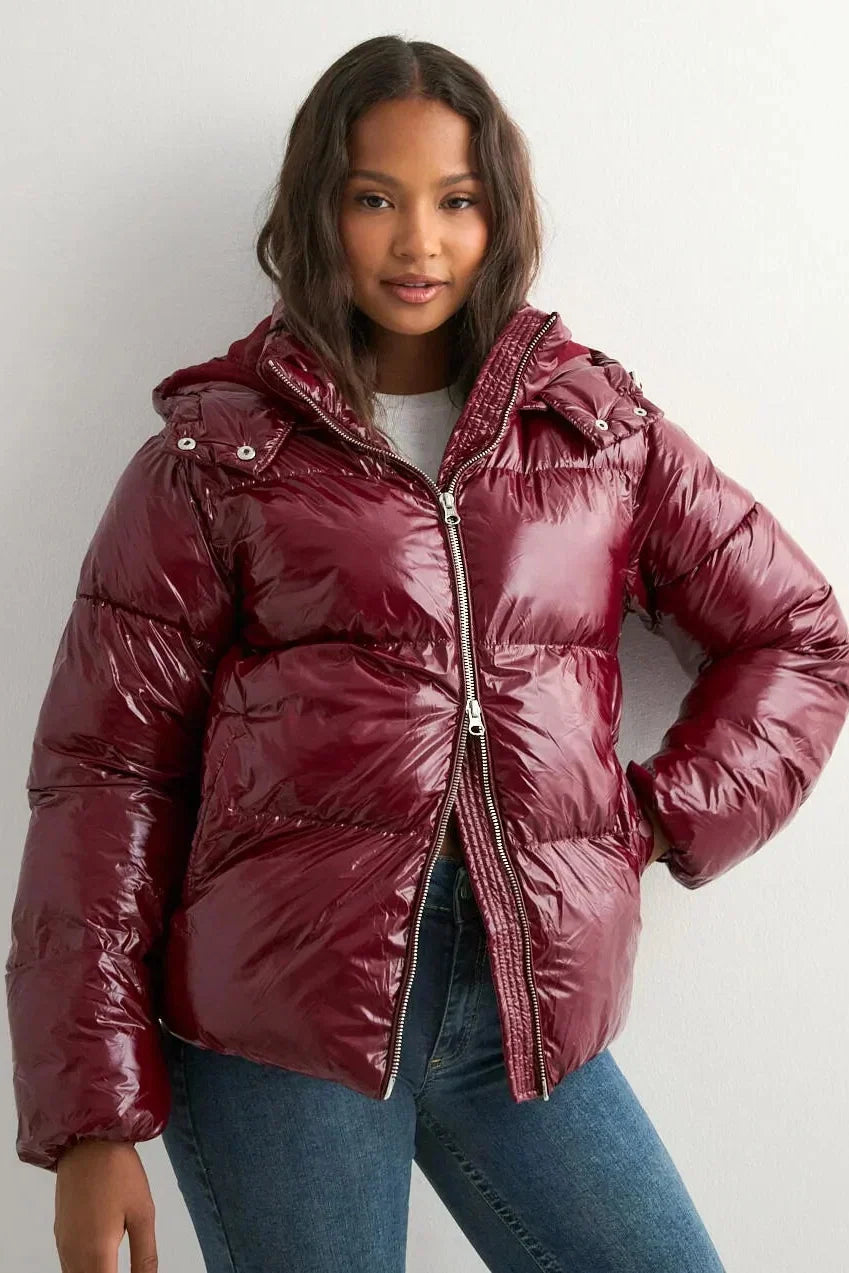 Women's Hooded Puffer Jacket, Glossy Finish, Zip Front