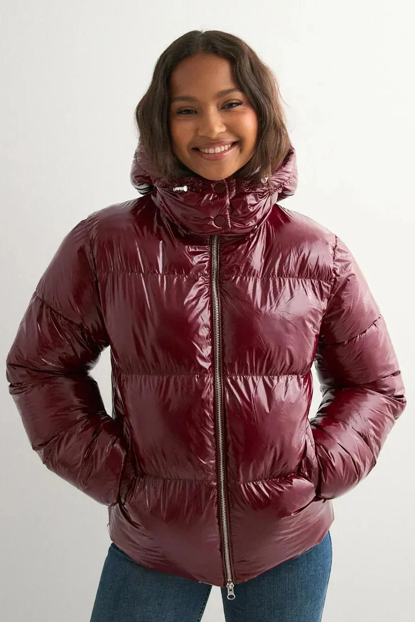 Women's Hooded Puffer Jacket, Glossy Finish, Zip Front