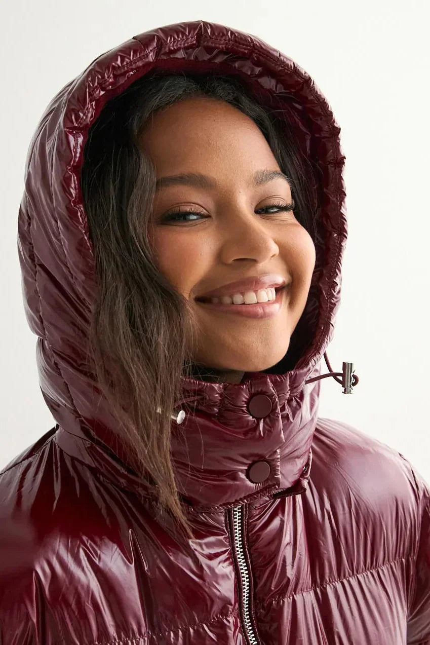 Women's Hooded Puffer Jacket, Glossy Finish, Zip Front