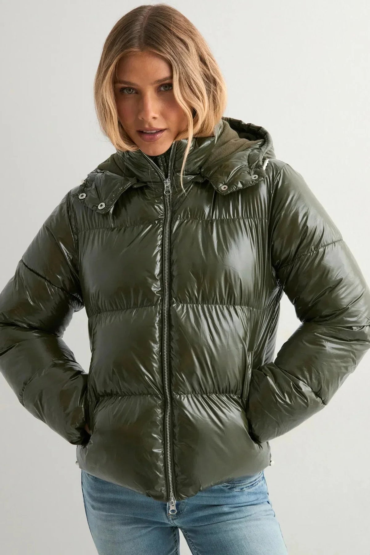 Women's Hooded Puffer Jacket, Glossy Finish, Zip Front