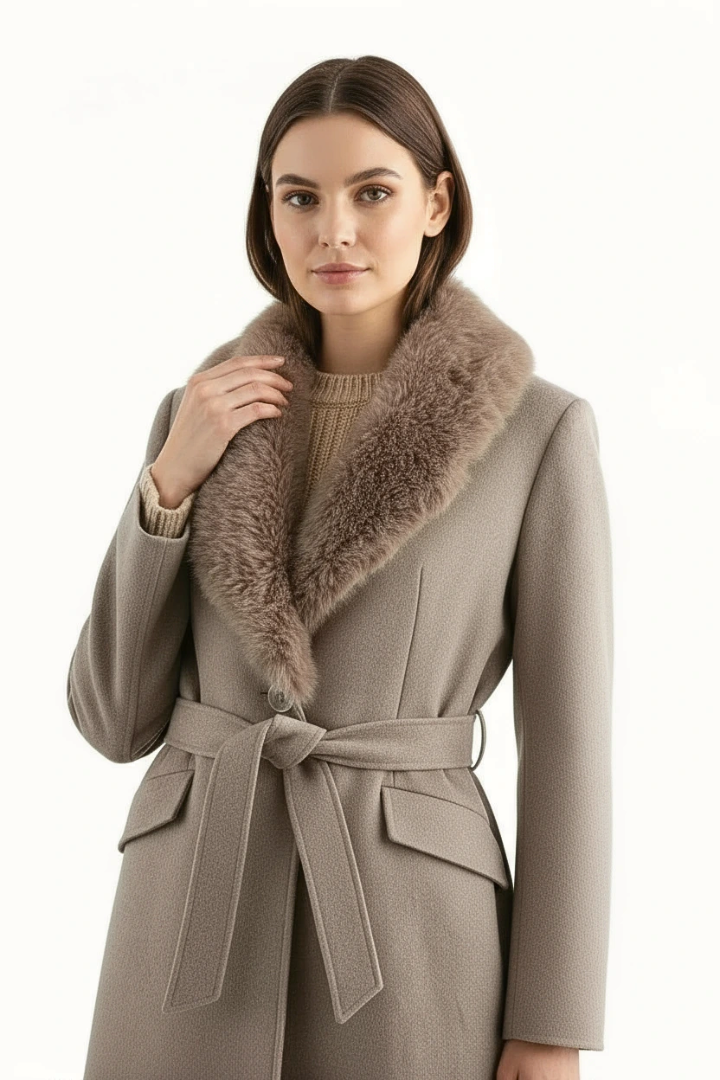 Lidia Faux Fur Collar Belted Wool Coat