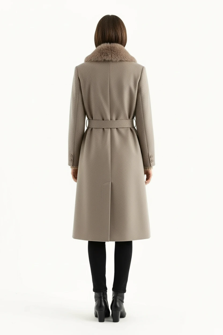 Lidia Faux Fur Collar Belted Wool Coat
