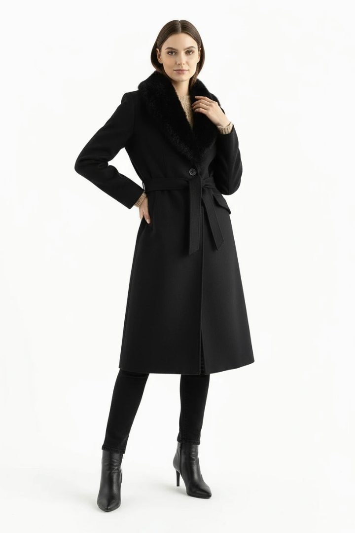 Lidia Faux Fur Collar Belted Wool Coat