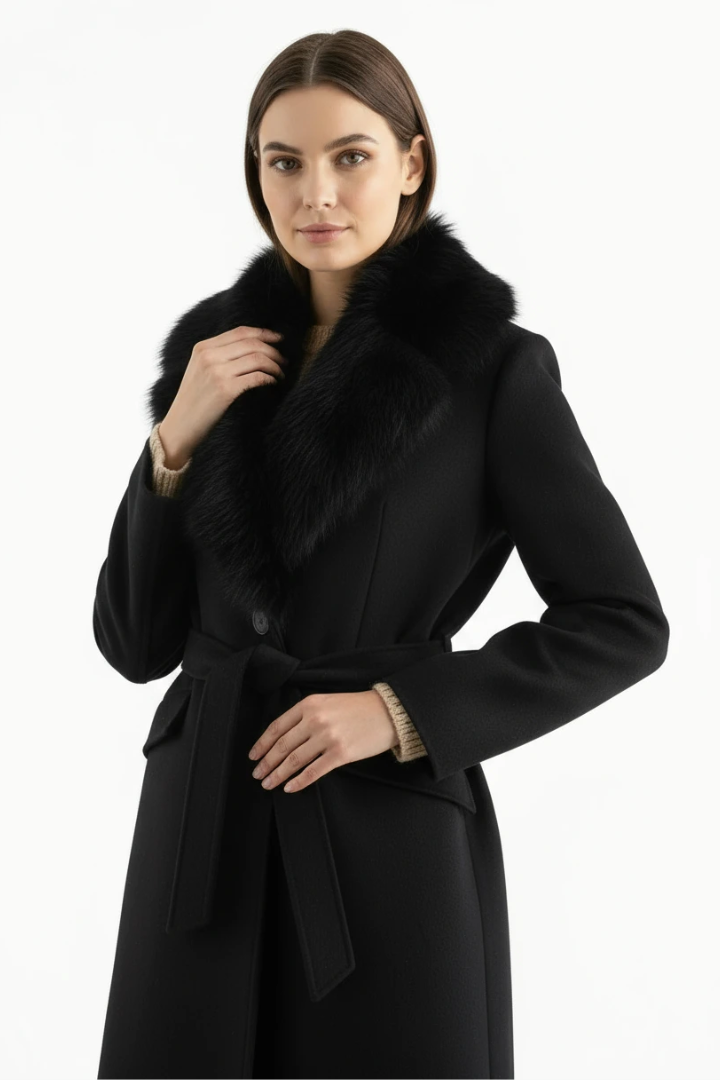Lidia Faux Fur Collar Belted Wool Coat