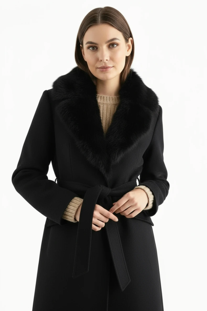 Lidia Faux Fur Collar Belted Wool Coat