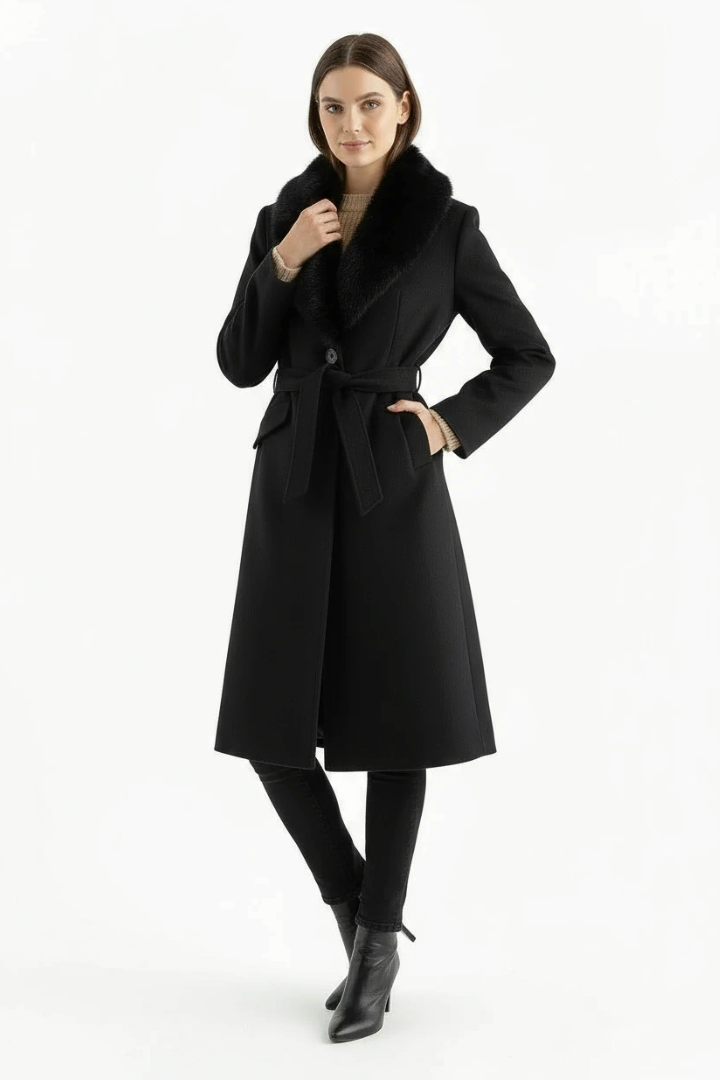 Lidia Faux Fur Collar Belted Wool Coat