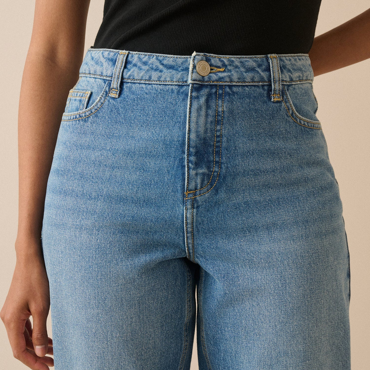 Women's Blue Barrel Leg Jeans, High Rise, Cropped Length