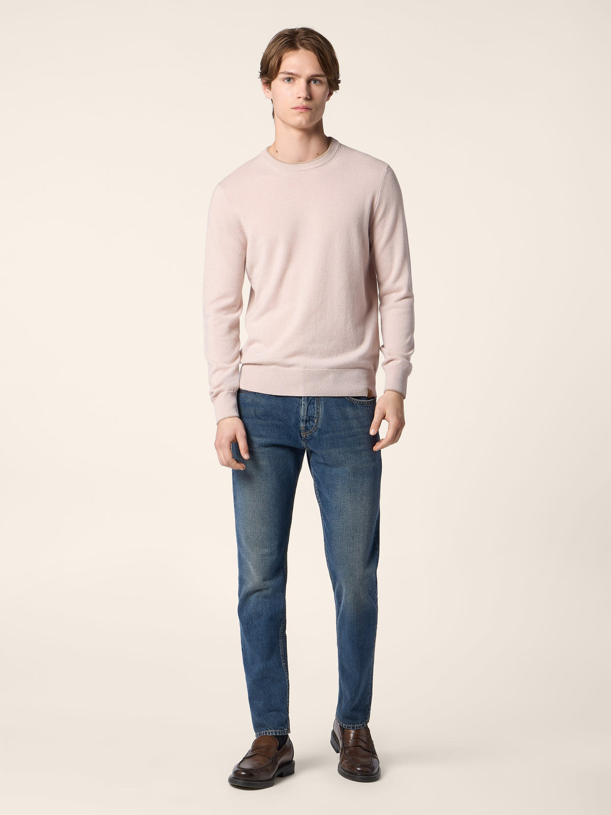 Men's Pink Crew Neck Sweater, Long Sleeves, Ribbed Trims