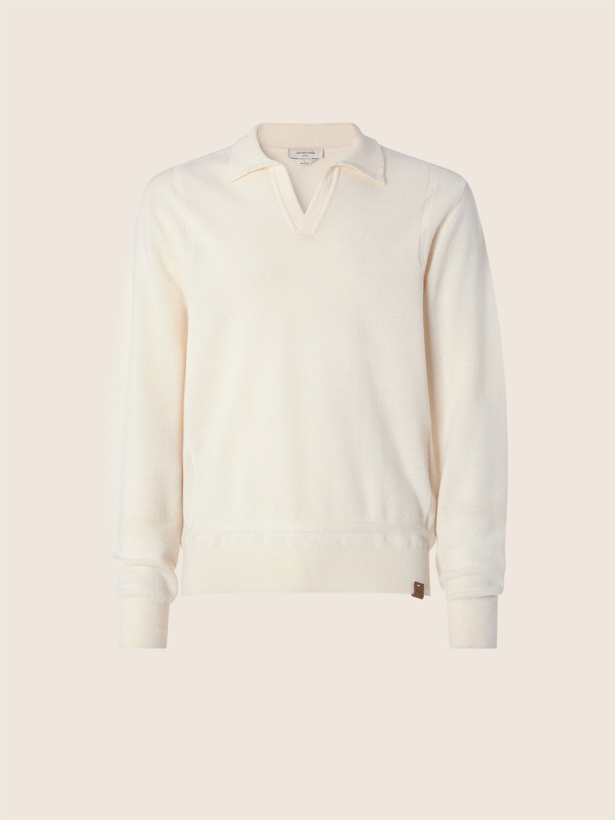 Men's Cream Long-Sleeve Polo Sweater, V-Neck Collar