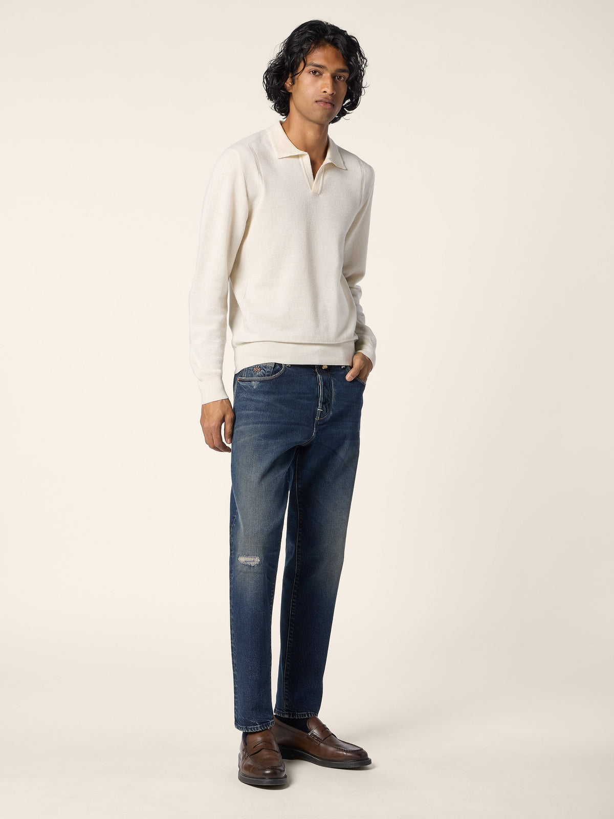 Men's Cream Long-Sleeve Polo Sweater, V-Neck Collar