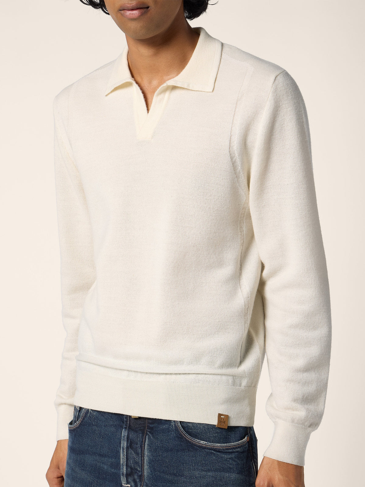 Men's Cream Long-Sleeve Polo Sweater, V-Neck Collar