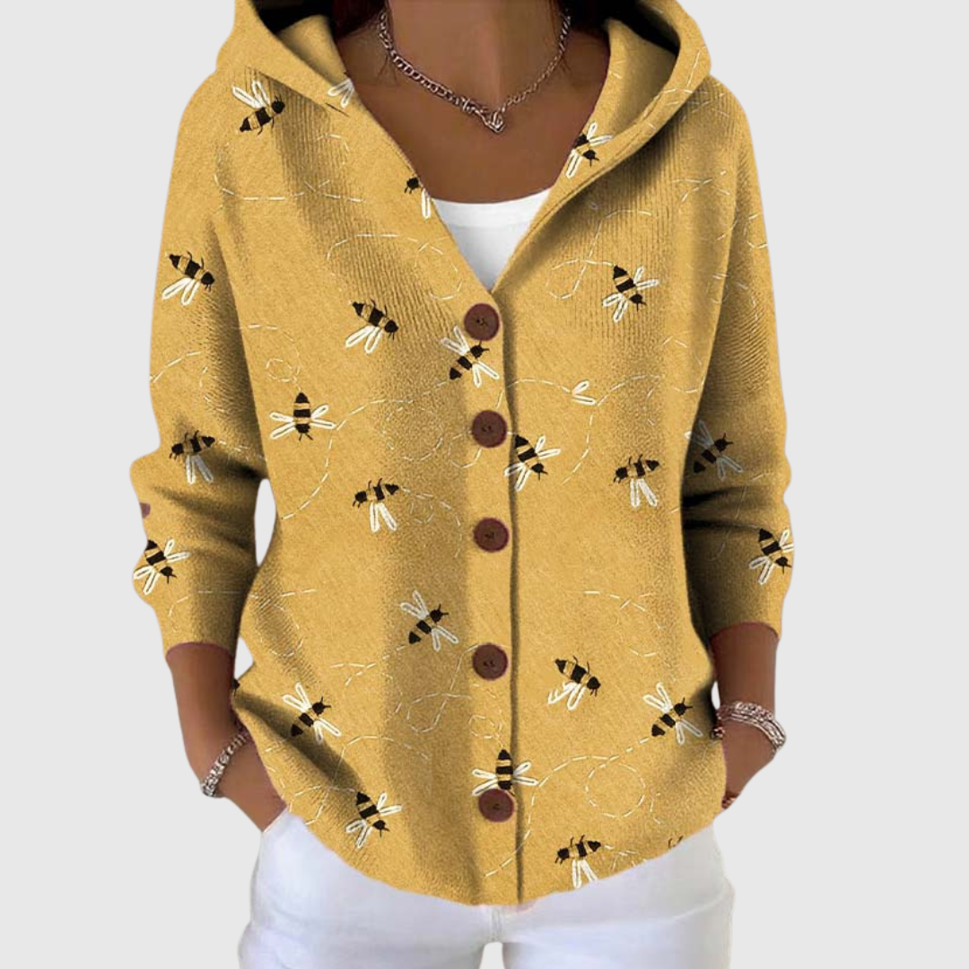 Women's Bee Pattern Hooded Cardigan, Button Front, Yellow