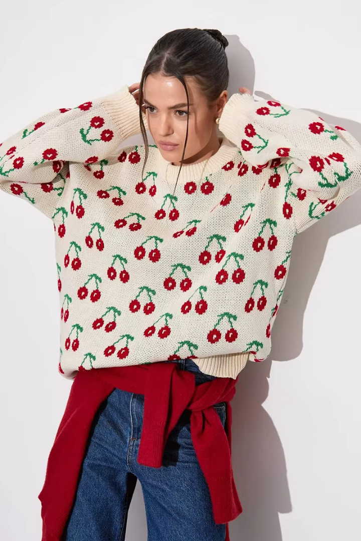 Perrine Cherry Jacquard Crew Neck Sweater