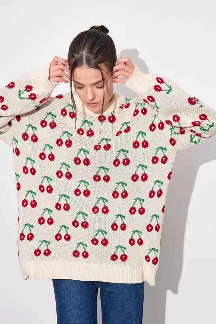 Perrine Cherry Jacquard Crew Neck Sweater