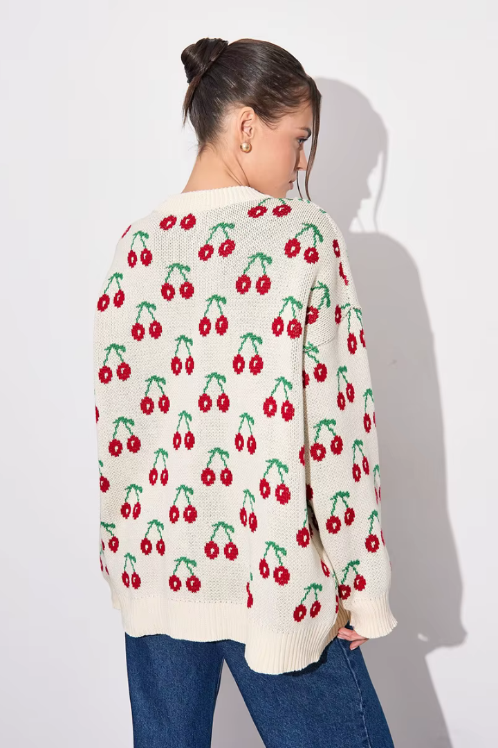 Perrine Cherry Jacquard Crew Neck Sweater