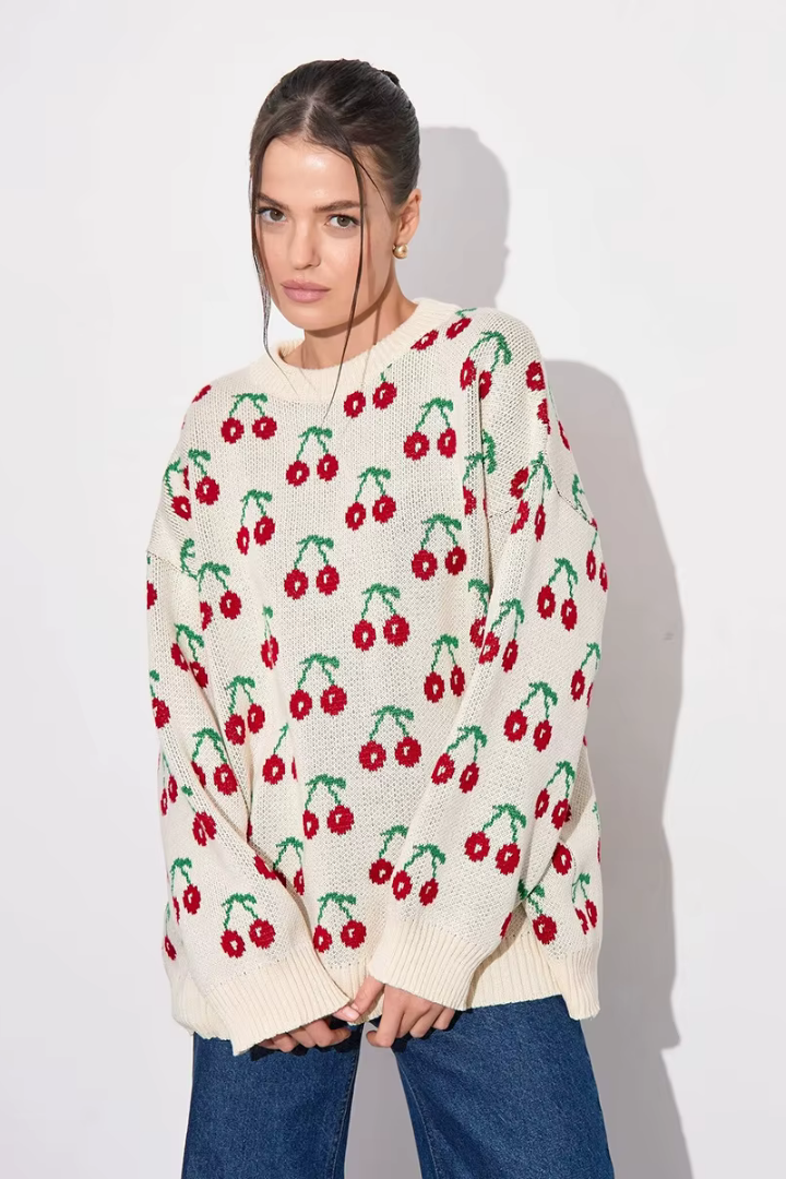 Perrine Cherry Jacquard Crew Neck Sweater