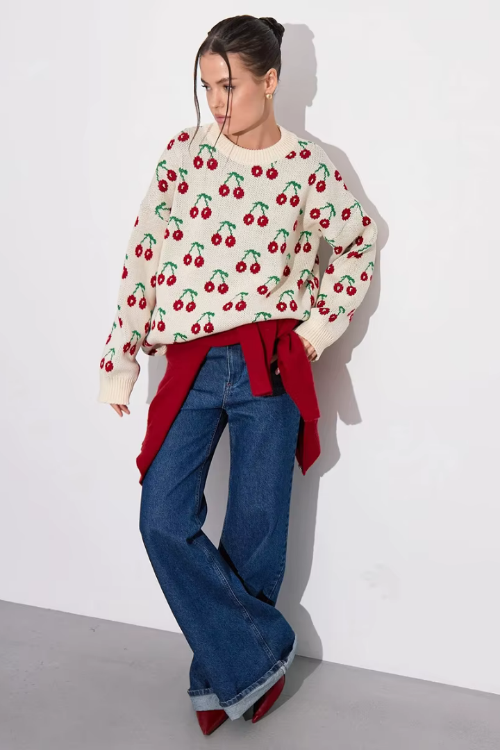 Perrine Cherry Jacquard Crew Neck Sweater